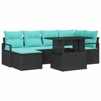 Gartensofa-set mit Speicher 7 pcs Schwarz und Blau Poly Rattan