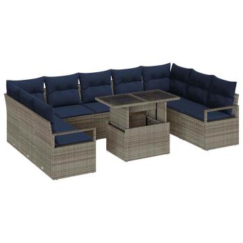 Gartensofa-set 10 pcs Grau und Marineblau Poly Rattan