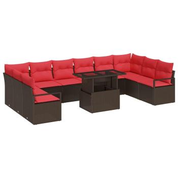 Gartensofa-set 11 Stk. 10-Sitzanzahl Braun und Rot Poly-Rattan