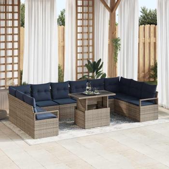ARDEBO.de - Garten-Sofa-Set 11 pcs Grau und Marineblau Poly-Rattan
