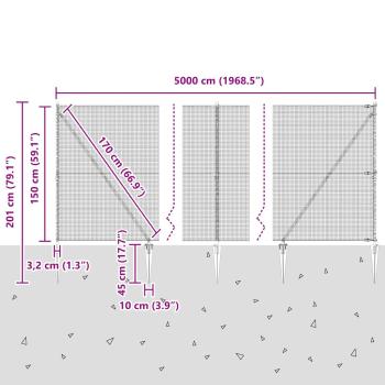 Zaunpfosten Grau 50 x 1,5 m (16 x 16 mm Maschen) Stahl und PVC