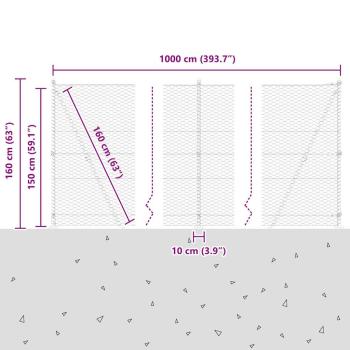 Sechseckiger Zaun mit Betonfundament 10 x 1,5 m Silber Netz
