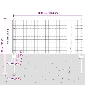 Zaun mit Pfosten Grau 0,6 x 50 m Stahl und PVC