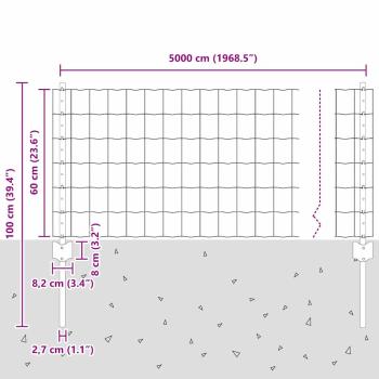 Zaun mit Pfosten Grau 0,6 x 50 m Stahl und PVC
