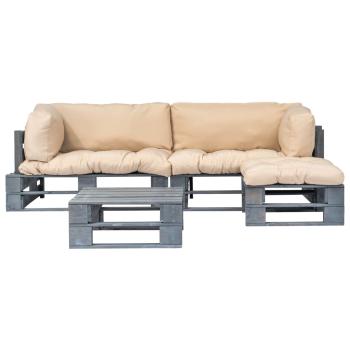 4-tlg. Outdoor-Lounge-Set Paletten Kissen in Sandfarben Holz