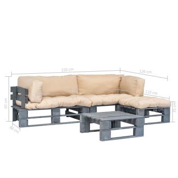 4-tlg. Outdoor-Lounge-Set Paletten Kissen in Sandfarben Holz