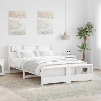 ARDEBO.de - Bettrahmen mit Regal Weiß 150 x 200 cm Massives Kiefernholz