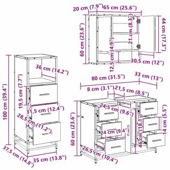 Badezimmermöbel-Set 3 stk. Schwarz Eichen-Optik 80 x 33 x 60 cm
