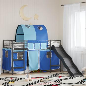 ARDEBO.de - Etagenbett für Kinder mit Vorhängen Uni Schwarz und Blau Metall