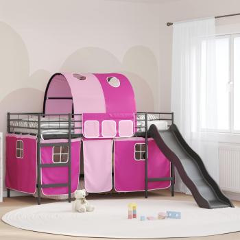 ARDEBO.de - Etagenbett für Kinder mit Vorhängen Uni Schwarz und Pink Metall