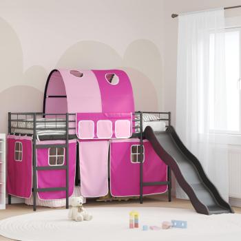 ARDEBO.de - Etagenbett für Kinder mit Vorhängen Uni Schwarz und Pink Metall