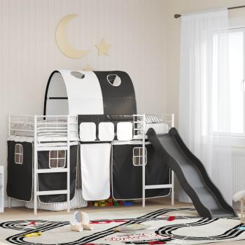 ARDEBO.de - Etagenbett für Kinder mit Vorhängen Uni Weiß und Schwarz Metall