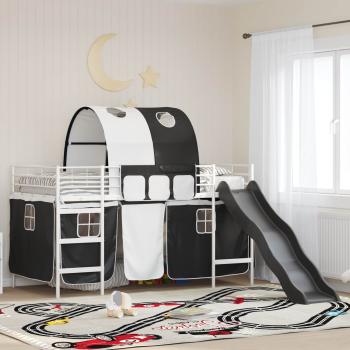ARDEBO.de - Etagenbett für Kinder mit Vorhängen Uni Weiß und Schwarz Metall