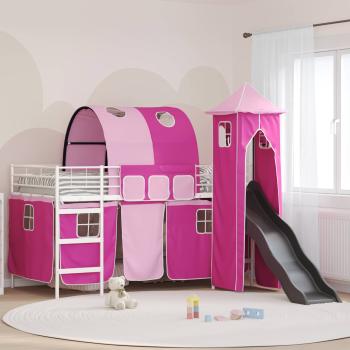 ARDEBO.de - Kinder Etagenbett Gestell Uni Weiß und Rosa 100 x 200 cm Metall
