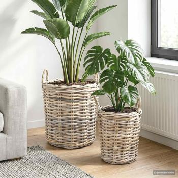 ARDEBO.de - Blumentopfkorb GENDT 2 stk. Natürliches Grau Kubu Rattan