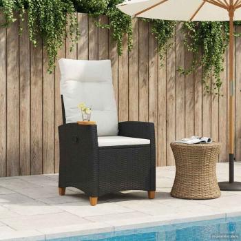 ARDEBO.de - Liegestuhl mit Teeteller Schwarz und Cremeweiß Poly-Rattan