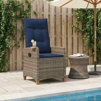 ARDEBO.de - Liegestuhl mit Teeteller Grau und Marineblau Poly-Rattan
