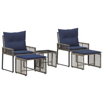 Gartenmöbel Set 11 stk. Grau und Marineblau Poly-Rattan