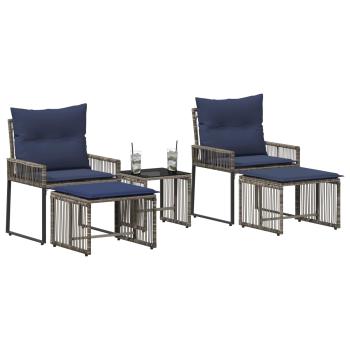 Gartenmöbel Set 11 stk. Grau und Marineblau Poly-Rattan