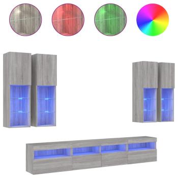 7-tlg. TV-Wohnwand mit LED-Leuchten Grau Sonoma