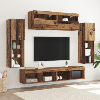 TV-Schrankset mit LED-Lichtleisten 6 pcs Altholz Holzwerkstoff