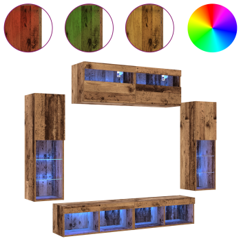 TV-Schrankset mit LED-Lichtleisten 6 pcs Altholz Holzwerkstoff