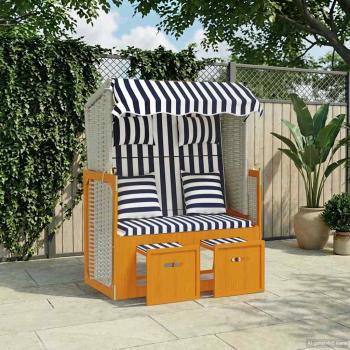 ARDEBO.de - Strandkorb mit Kissen Poly Rattan & Massivholz Weiß & Blau