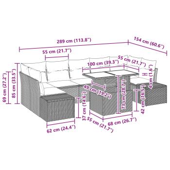 Gartensofa-set mit Kissen 8 pcs Braun und Rot Poly-Rattan