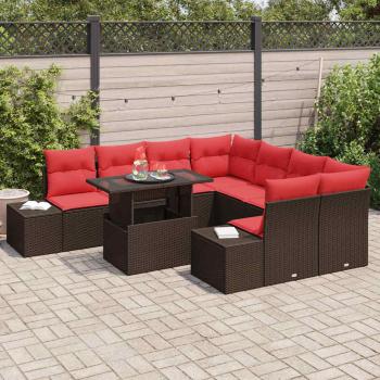 Gartensofa-set mit Kissen 9 pcs Braun und Rot Poly-Rattan