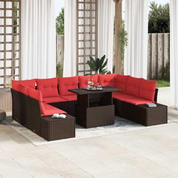 ARDEBO.de - Gartensofa-set 10 stk. Braun und Rot Poly-Rattan