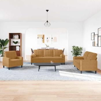 ARDEBO.de - 3-tlg. Sofagarnitur mit Kissen und Nackenrollen Braun Samt