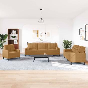 ARDEBO.de - 3-tlg. Sofagarnitur mit Kissen und Nackenrollen Braun Samt