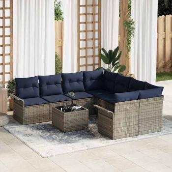 ARDEBO.de - Gartensofa-set mit Kissen 9 pcs Grau und Marineblau Poly-Rattan
