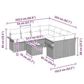 Gartensofa-set mit Kissen 9 pcs Grau und Marineblau Poly-Rattan