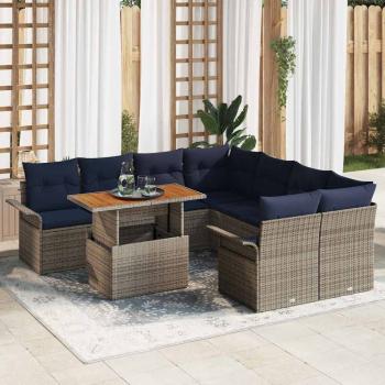 ARDEBO.de - Gartensofa-set mit Kissen 9 pcs Grau und Marineblau Poly-Rattan