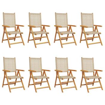 8-teiliges Set aus verstellbaren Klappstühlen, beige, aus Polyrattan und Massivholz