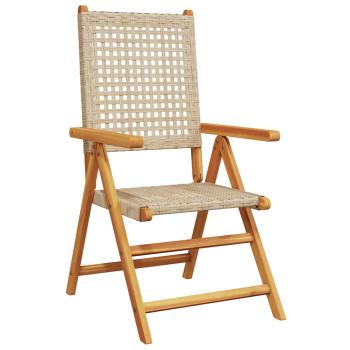 8-teiliges Set aus verstellbaren Klappstühlen, beige, aus Polyrattan und Massivholz