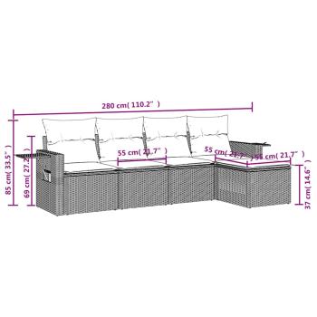 5-tlg. Garten-Sofagarnitur mit Kissen Hellgrau Poly Rattan