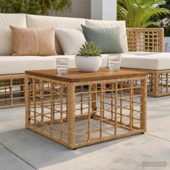ARDEBO.de - Gartentisch Natur 55 x 55 x 37 cm PE Rattan und Glas