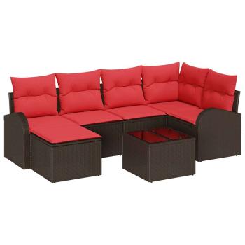 Sofa Set 7 stk. Braun und Rot Poly-Rattan