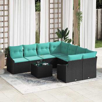 ARDEBO.de - Sofa Set 9 stk. 3-Sitzanzahl Schwarz und Türkis Poly Rattan