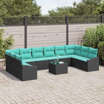 Sofa Set mit Kissen 11 pcs Schwarz Poly Rattan