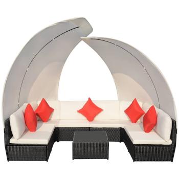 9-tlg. Garten-Lounge-Set mit Sonnendächern Poly Rattan Schwarz