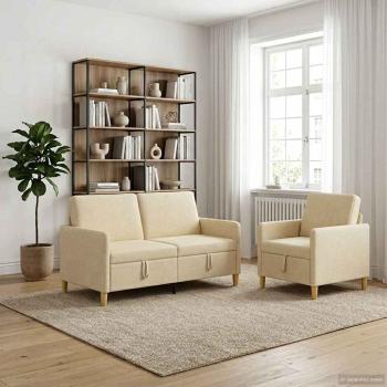 Sofa Set mit Stauraum 2 stk. Creme Polyester