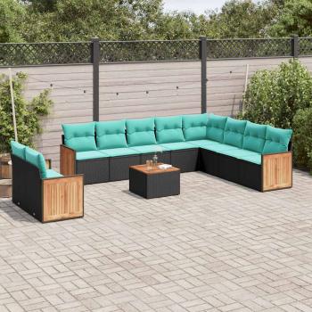 ARDEBO.de - 11-teiliges Gartensofa-Set mit Kissen, schwarzes Polyrattan