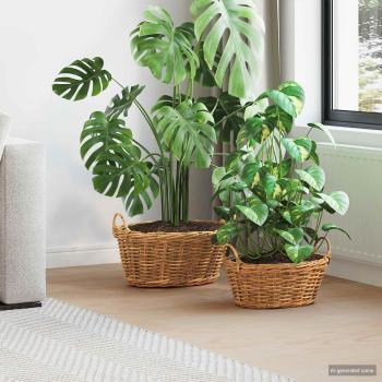 ARDEBO.de - Blumentopfkorb mit Speicher GENDT 2 stk. Naturbraun Kubu Rattan