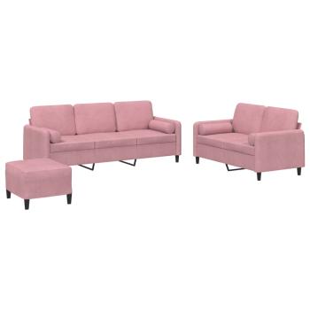 3-tlg. Sofagarnitur mit Kissen Rosa Samt