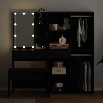 Schminktischset mit LED mit Regal 4 stk. Schwarz Eichen-Optik