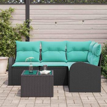 Gartensofa-set mit Kissen 5 pcs Schwarz und Türkis Poly-Rattan