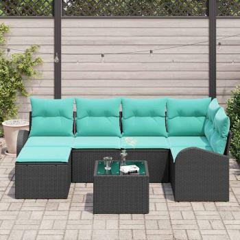 Sofa Set 7 Stk. Schwarz und Türkis Poly-Rattan